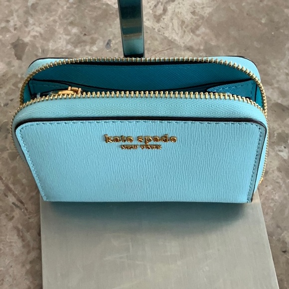 kate spade light aqua zip-around card wallet with gold hardware - Picture 2 of 13
